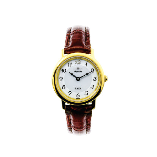 Adina Ladies G/Plate Round White Dial Full Figures Strap
