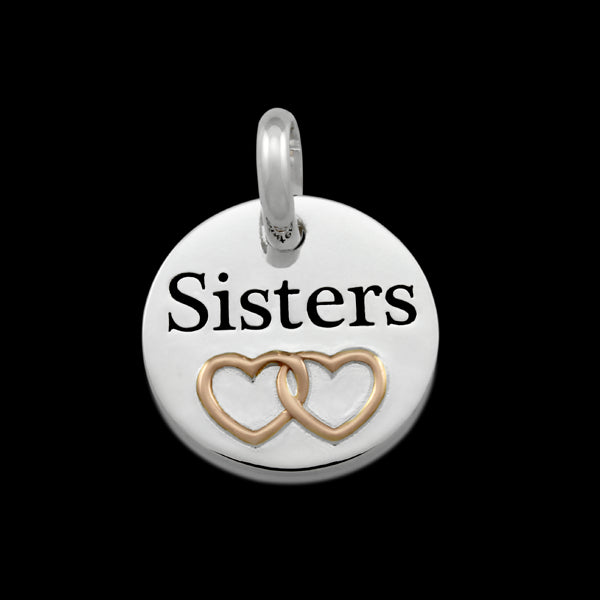 CANDID Sterling Silver 2Tone Rose gold 18mm round double heart 'Sisters' Pendant or Charm