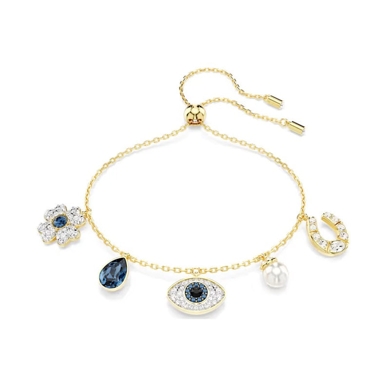 Swarovski Symbolica bracelet Clover, evil eye and horseshoe, Blue, Gold-tone plated 5692162