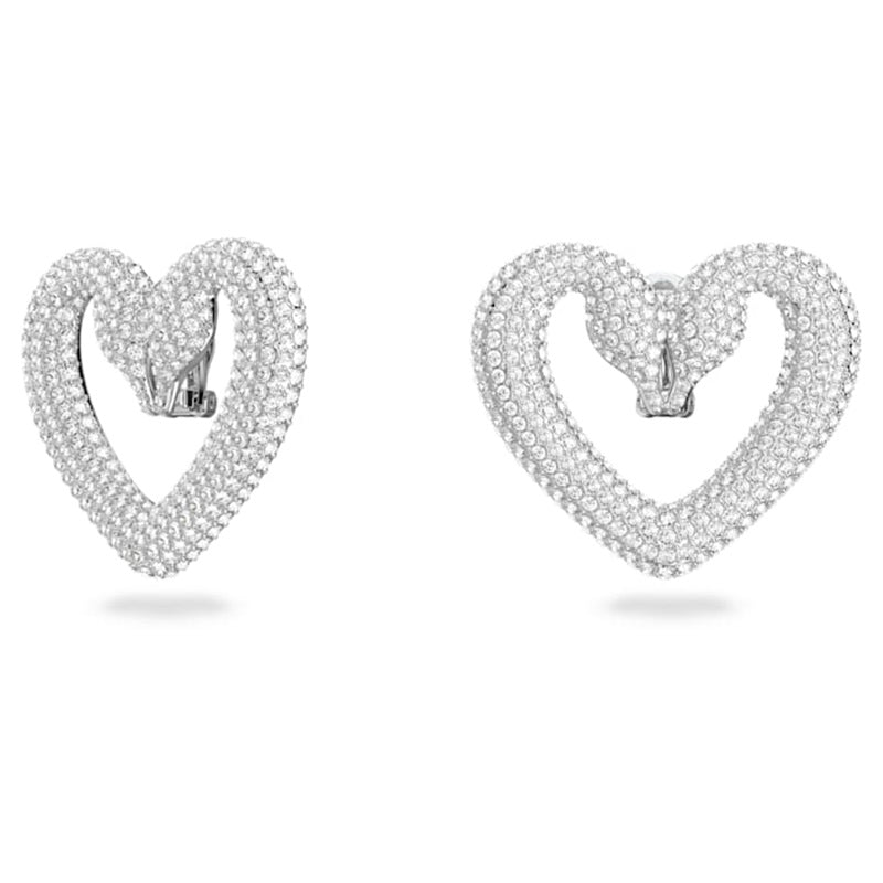 Swarovski Una Clip Earrings Heart, Medium, White, Rhodium Plated 5626172