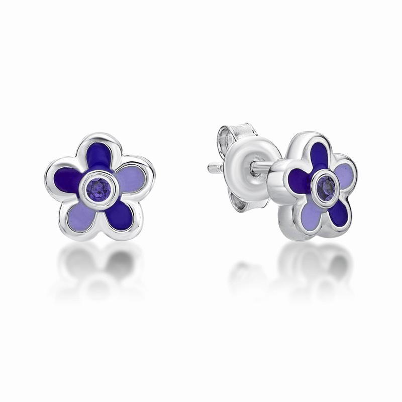 Parrys Jewellers Sterling Silver Purple Cubic Zirconia Stone CTR Enamel Flower