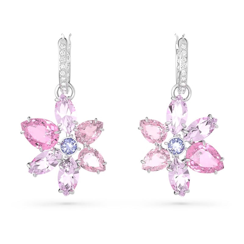 Swarovski Gema drop earrings Mixed cuts, Flower, Pink, Rhodium plated 5658397