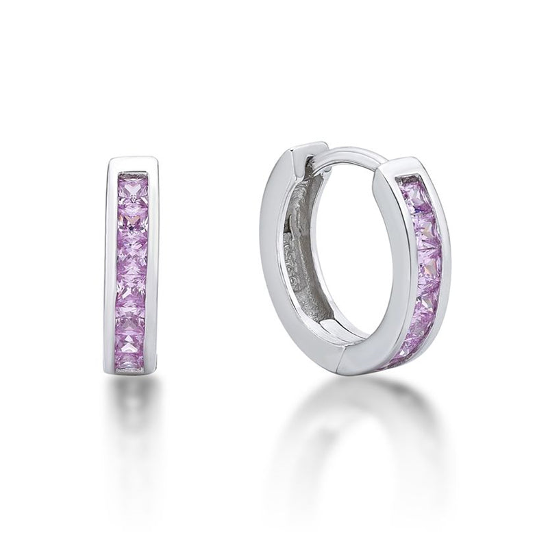 Parrys Jewellers Sterling Silver Pink Cubic Zirconia Channel Set 11mm I.D. Huggies
