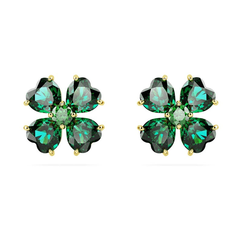 Swarovski Idyllia stud earrings Clover, Green, Gold-tone plated 5666236