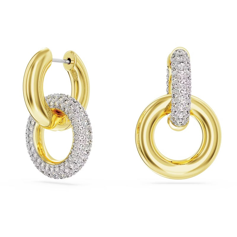 Swarovski Dextera hoop earrings Asymmetrical design, Interlocking loop, White, Gold-tone plated 5668818