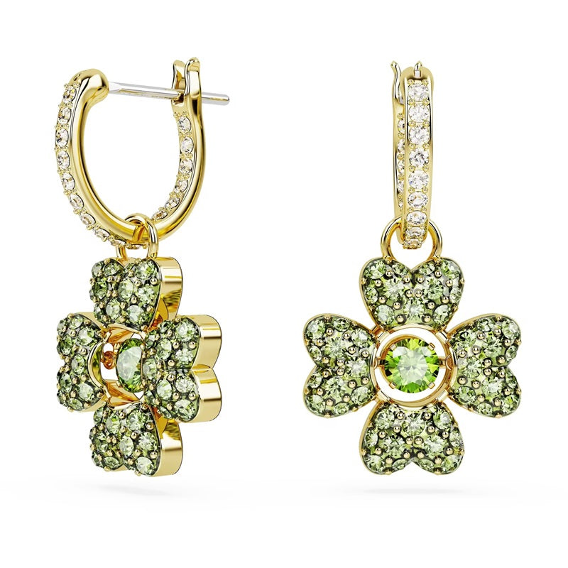 Swarovski Idyllia drop earrings, Clover, Green, Gold-tone plated 5670664