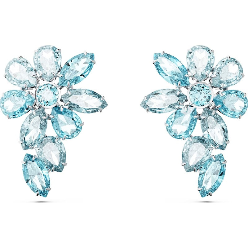 Swarovski Gema drop earrings, Mixed cuts, Flower, Blue, Rhodium plated 5666016