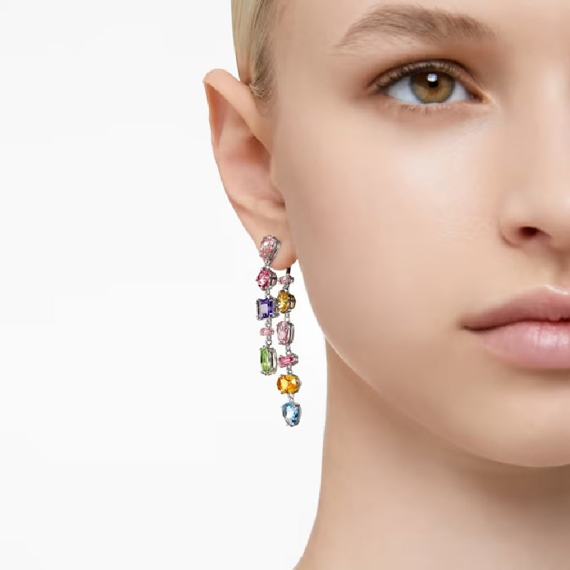 Swarovski Gema Drop Earrings Asymmetrical design, Mixed cuts, Long, Multicoloured, Rhodium plated 5656417