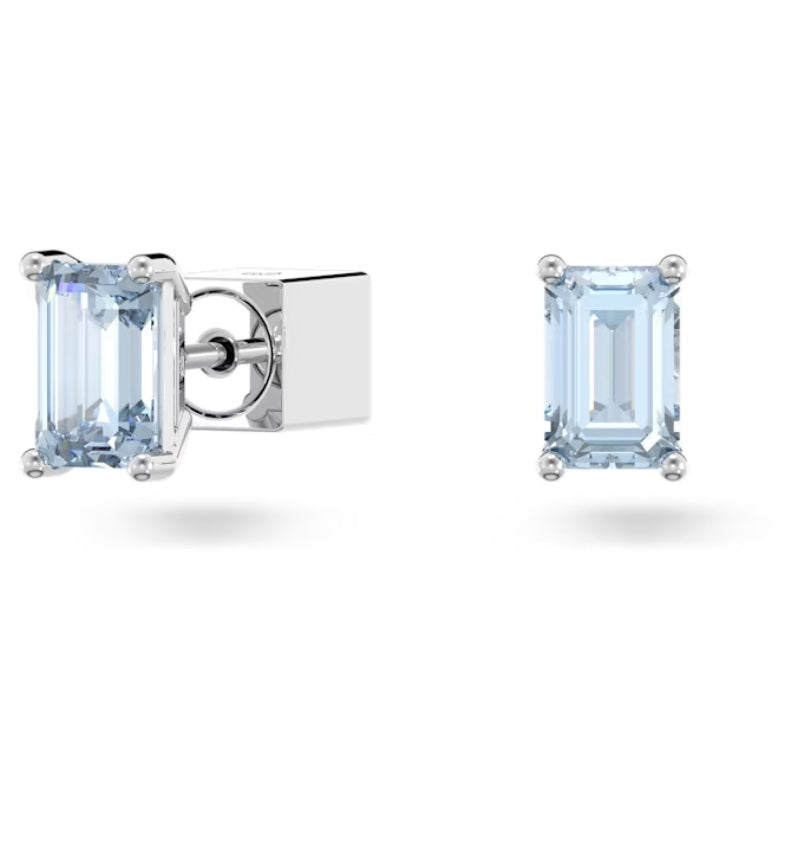 Swarovski Stilla stud earrings Octagon cut, Blue, Rhodium plated 5639134