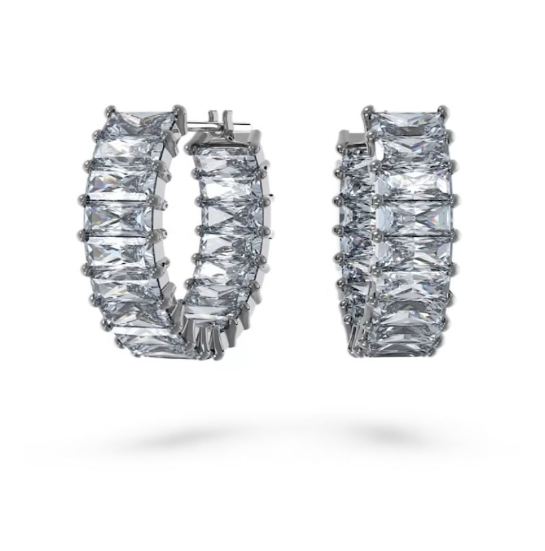 Swarovski Matrix hoop earrings Baguette cut, Grey, Ruthenium plated 5658650