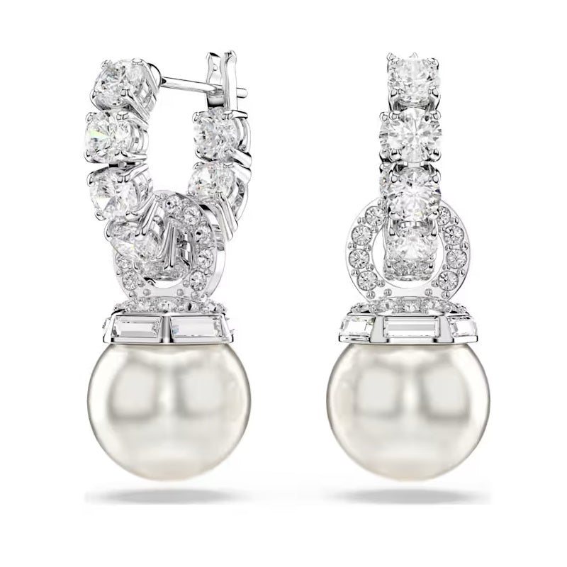 Swarovski Matrix drop earrings Crystal pearl, Round cut, White, Rhodium plated 5691716