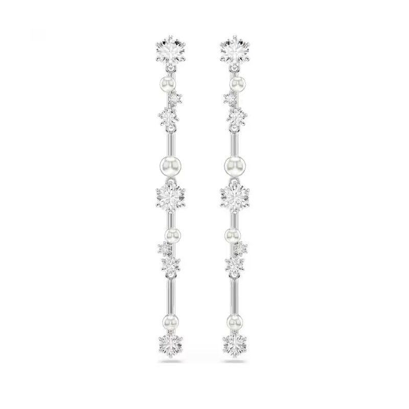 Swarovski Constella drop earrings Crystal pearl, Round cuts, White, Rhodium plated 5705614