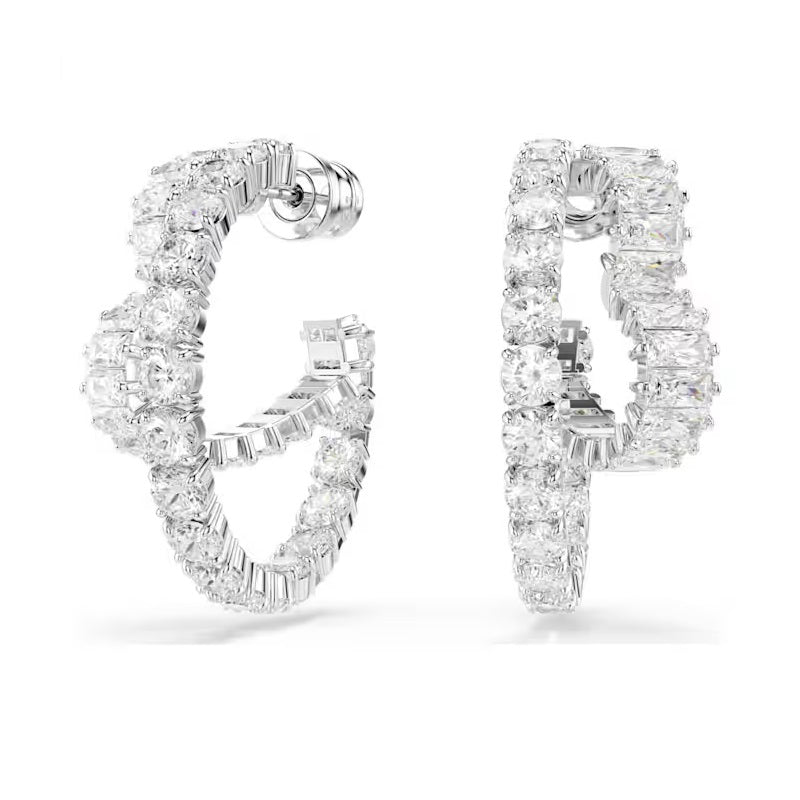 Swarovski Matrix hoop earrings Mixed cuts, Heart, White, Rhodium plated 5705748