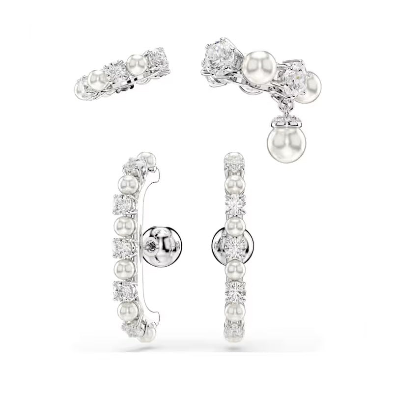 Swarovski Matrix ear cuff Set (3), Crystal pearl, Round cut, White, Rhodium plated 5691715