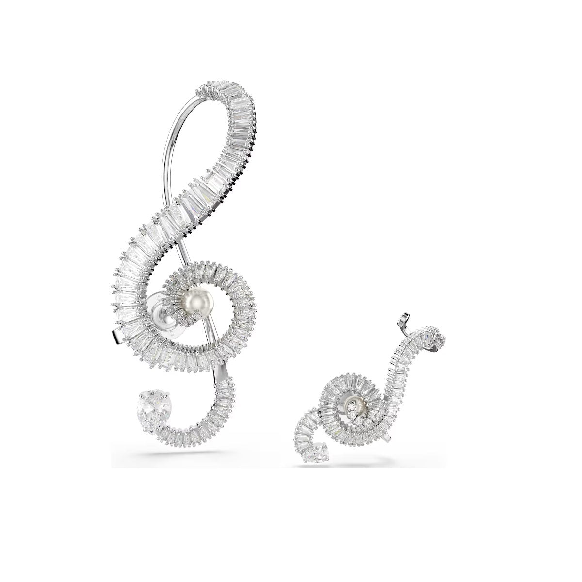 Swarovski Ariana Grande x Swarovski clip earrings Asymmetrical design, Crystal pearl, Baguette cut, White, Rhodium plated 5720866