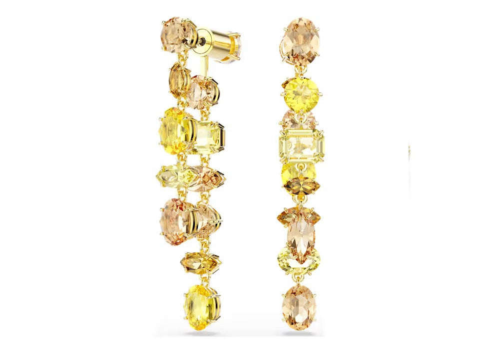 Swarovski Gema drop earrings Asymmetrical design, Mixed cuts, Long, Yellow, Gold-tone plated 5718073